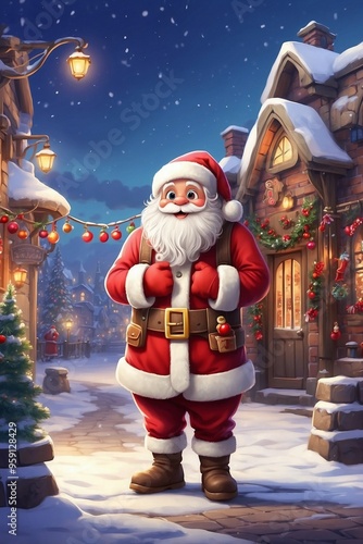 Cute Santa Claus in a Snowy Christmas Village, Dressed in a Bright Suit