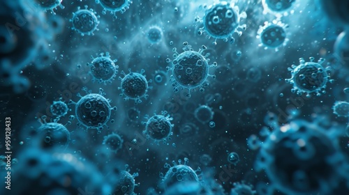 Abstract background with virus cells and circular shapes featuring a blue coronavirus illustration