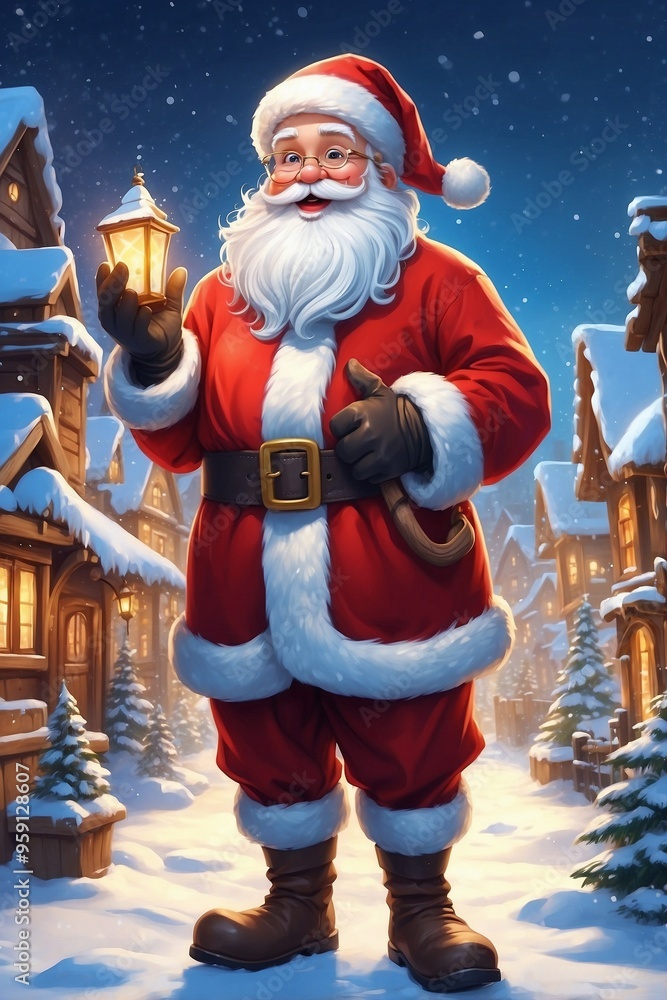 Cute Santa Claus in a Snowy Christmas Village, Dressed in a Bright Suit