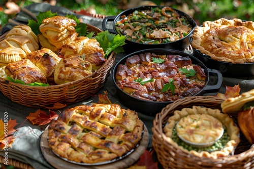 St. Catherine's Day (Canada). An outdoor picnic spread featuring traditional French-Canadian dishes like tourtière and sugar pie, with a background of maple leaves scattered on the ground photo