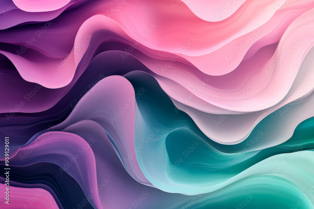 Obraz premium A trendy abstract design with fluid, wave-like shapes in gradient colors. The design has a soft, organic feel, with smooth transitions between shades of pink, purple, and teal.
