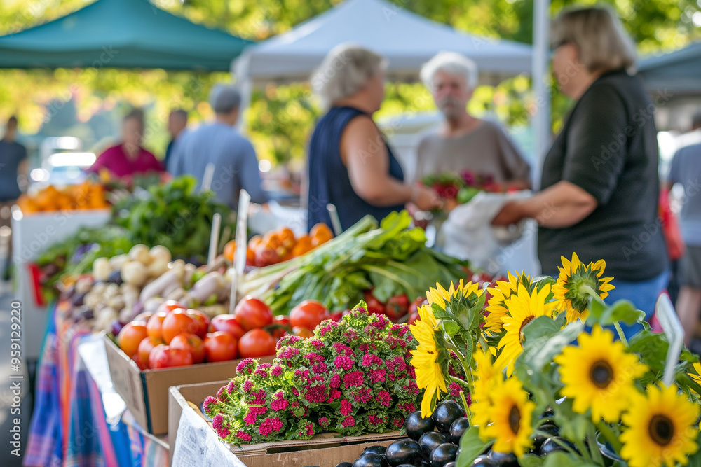Vibrant farmers market scene with stalls displaying fresh fruits, vegetables, flowers, and handmade goods. Shoppers browse, taste samples, and chat with vendors in a lively, bustling atmosphere.
Vibrant farmers market scene with stalls displaying fresh fruits, vegetables, flowers, and handmade goods. Shoppers browse, taste samples, and chat with vendors in a lively, bustling atmosphere.
