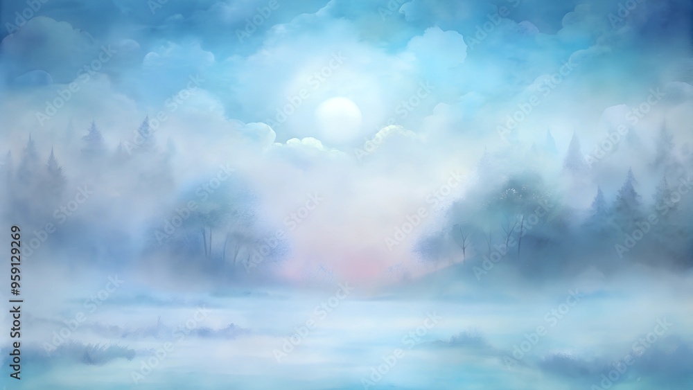 Foggy sunrise over winter forest, soft blue and white hues, tranquil scene Foggy sunrise over winter forest, soft blue and white hues, tranquil scene