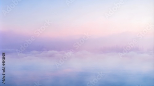 Misty sunrise over calm lake, soft pink and blue hues, peaceful landscape