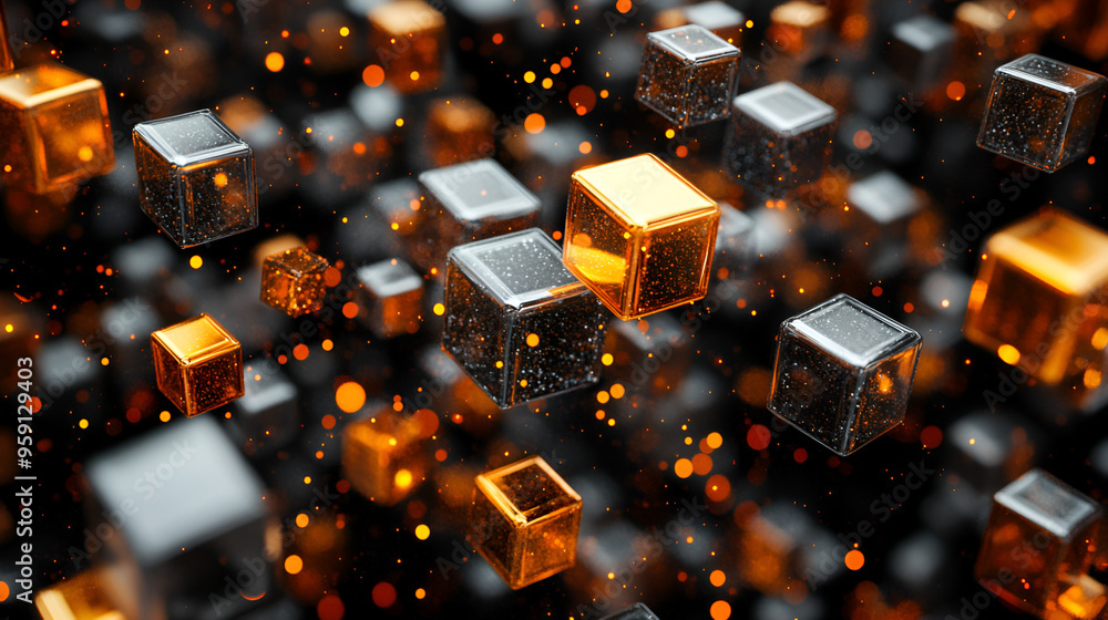 Floating metallic cubes in a dark space illuminated by glowing orange particles during a digital artwork showcase Floating metallic cubes in a dark space illuminated by glowing orange particles during a digital artwork showcase