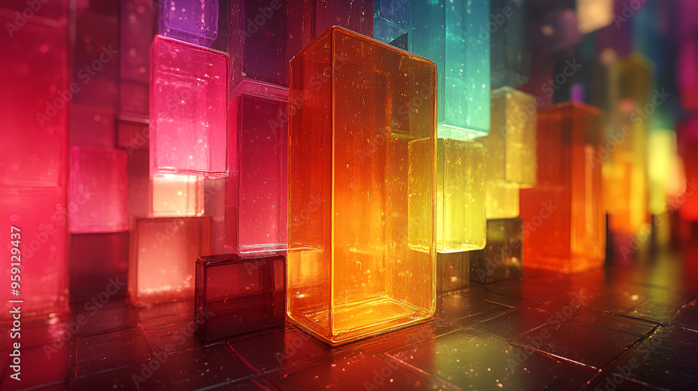 Fototapeta premium Colorful translucent blocks illuminated in a vibrant digital art display, creating an enchanting atmosphere in an abstract setting
