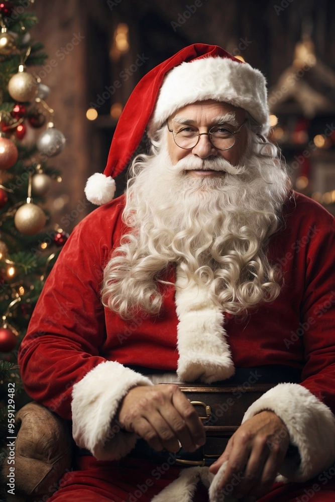 Santa Claus Sitting in Front of a Christmas Tree, Joyfully Distributing Gifts Santa Claus Sitting in Front of a Christmas Tree, Joyfully Distributing Gifts
