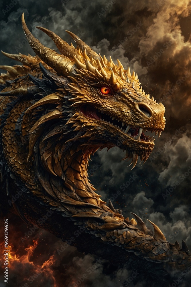 Portrait of a Majestic Golden Dragon with Scales Shimmering in All Shades of Gold and Black, Surrounded by Billowing Smoke and Dark Clouds Portrait of a Majestic Golden Dragon with Scales Shimmering in All Shades of Gold and Black, Surrounded by Billowing Smoke and Dark Clouds