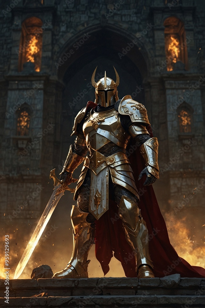 Portrait of Warrior Angels Clad in Heavy Armor of Gold and White Marble, Embodying Beauty and Terrifying Power, Standing Against a Bright Light that Creates an Atmosphere of Sacred Grandeur Portrait of Warrior Angels Clad in Heavy Armor of Gold and White Marble, Embodying Beauty and Terrifying Power, Standing Against a Bright Light that Creates an Atmosphere of Sacred Grandeur
