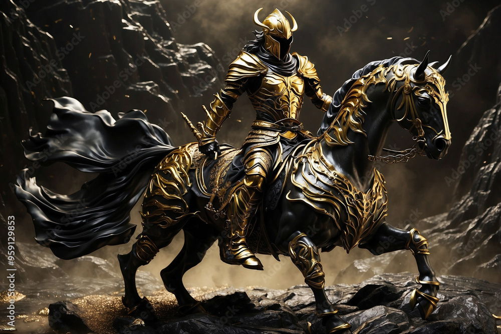 The Dark Rider of the Apocalypse - Warrior of Darkness, Clad in Beautiful Armor of Gold and Black Marble, Symbolizing the Strength and Power of Destruction in a Oppressive Atmosphere