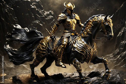 Obraz na płótnie The Dark Rider of the Apocalypse - Warrior of Darkness, Clad in Beautiful Armor of Gold and Black Marble, Symbolizing the Strength and Power of Destruction in a Oppressive Atmosphere w salonie