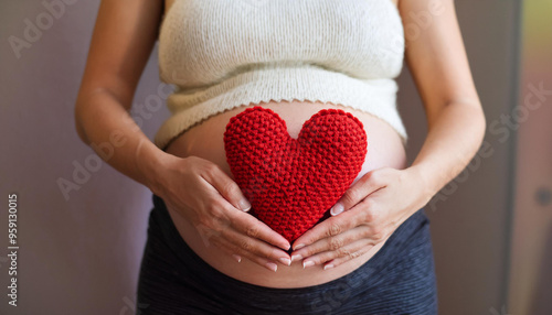 Wallpaper Mural Woman's pregnant belly with red crocheted heart. Maternity, and pregnancy concept. Love, new life Torontodigital.ca