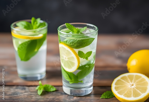 Wallpaper Mural Herb-infused water with fresh herbs like basil and mint, with lemon slices. Torontodigital.ca