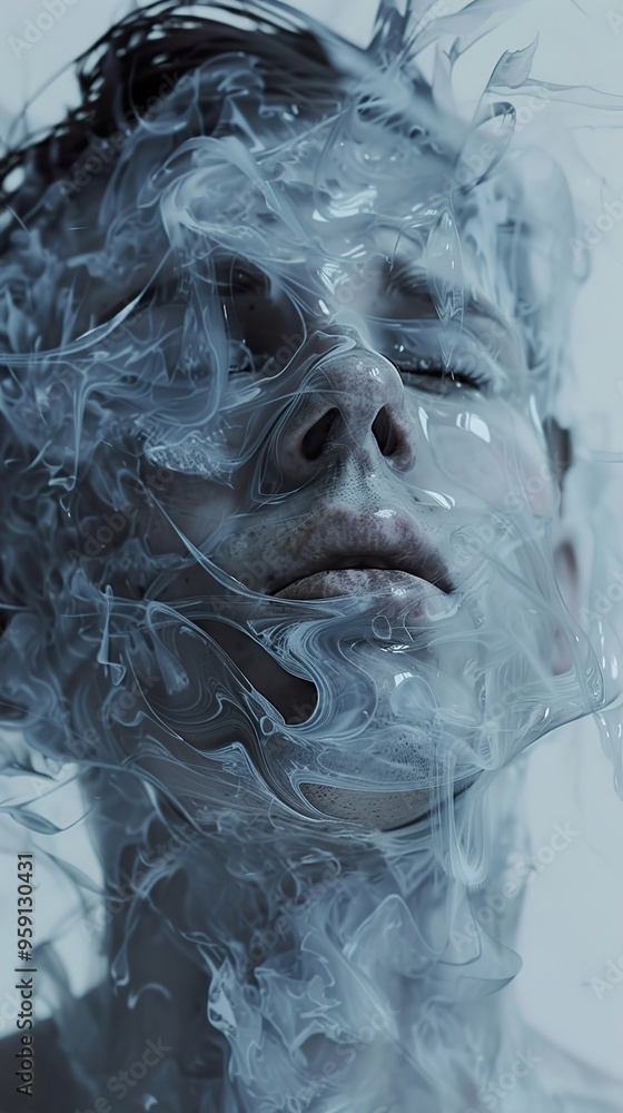 A young person's face is obscured by swirling smoke, creating a surreal and ethereal image. A young person's face is obscured by swirling smoke, creating a surreal and ethereal image.