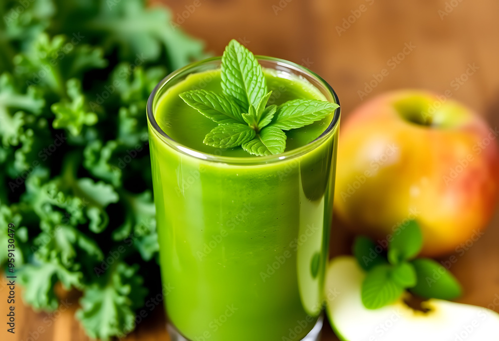 Green detox smoothie made from kale, cucumber, and apple, garnished with mint. Green detox smoothie made from kale, cucumber, and apple, garnished with mint.