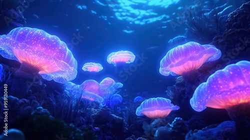 Glowing bioluminescent sea creatures in a deep ocean scene, marine glowtime, mysterious and awe-inspiring