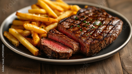 A tight view of steak frites on a plate, with the steak sliced to reveal the juicy, medium-rare interior, garlic butter dripping over the edges, and a heap of crispy fries on the s photo