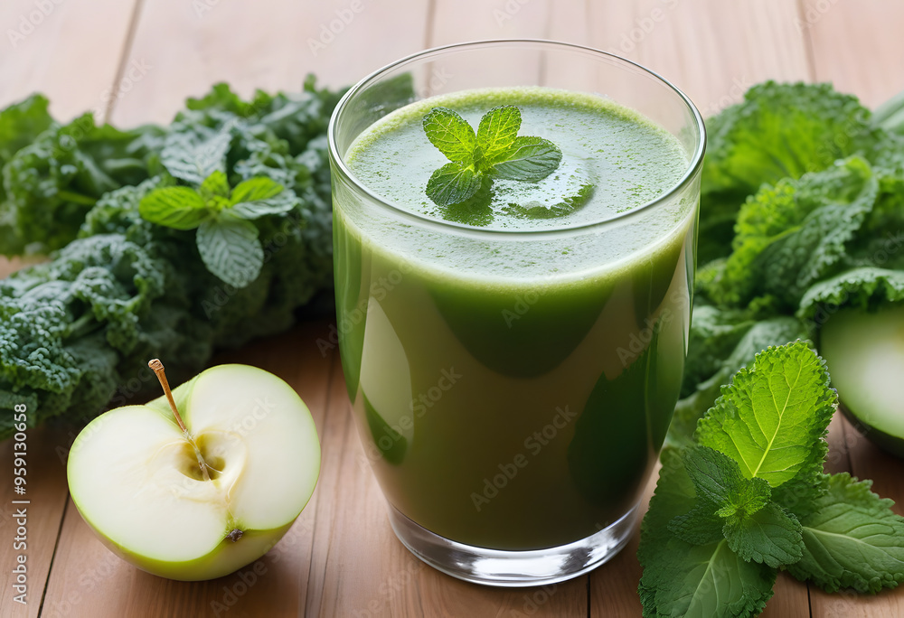 Green detox smoothie made from kale, cucumber, and apple, garnished with mint. Green detox smoothie made from kale, cucumber, and apple, garnished with mint.