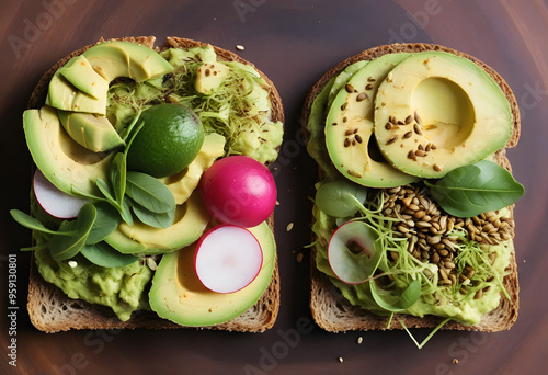 Avocado toast variations with toppings like radishes, sprouts, and seeds. photo