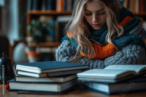 A teacher preparing a lesson plan at their desk, with a stack of textbooks, notebooks, and a bell nearby.