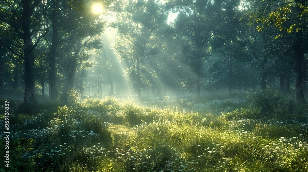 Sunbeams breaking through the canopy of a lush, green forest. The forest floor is carpeted with wildflowers and the air is filled with mist. Sunbeams breaking through the canopy of a lush, green forest. The forest floor is carpeted with wildflowers and the air is filled with mist.