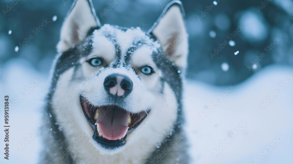 Naklejka premium Portrait of happy, cheerful purebred Siberian husky wolf dog with excited look standing outside in snow, cute canine, adorable puppy enjoying in snowy winter weather during snowfall, pedigreed pet
