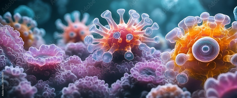 Close-up of colorful viruses in a 3D rendering. Close-up of colorful viruses in a 3D rendering.
