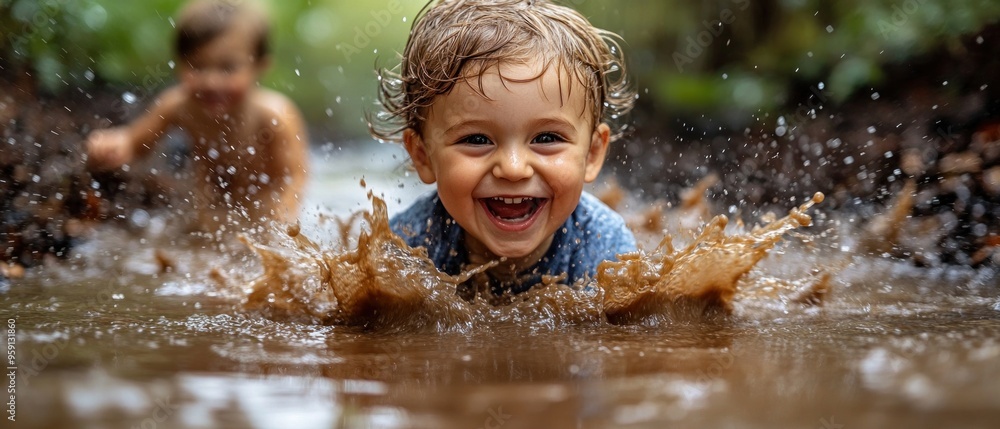 Obraz premium Joyful Child Splashing in a Muddy Puddle