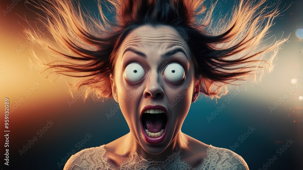 A woman with wild hair screams in shock in an intense display of emotion and energy A woman with wild hair screams in shock in an intense display of emotion and energy
