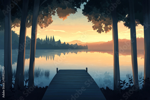A tranquil cartoon lakeside landscape with tall, shady trees, a calm, reflective surface, and a small wooden pier extending into the water. The scene is peaceful and serene, with a soft sunset glow.