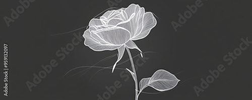 A simple white line drawing of a single rose, with soft, flowing lines outlining each petal. The minimalist approach creates a graceful and timeless representation of the flower. photo