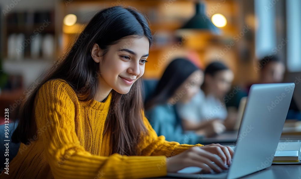 Young Woman Smiling While Typing on Laptop in a Cafe Young Woman Smiling While Typing on Laptop in a Cafe