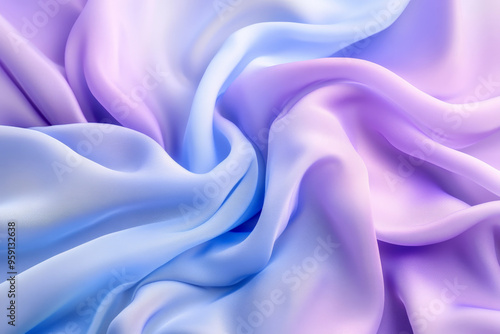 A modern abstract background with flowing 3D silk fabric in gradient shades of soft lavender to pale blue. The fabricâ€™s gentle waves create a dreamy, ethereal effect.
