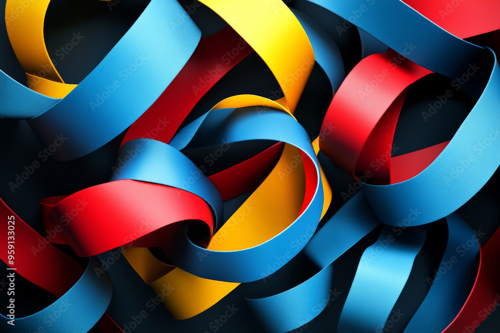 A modern 3D design with twisting ribbons in bold primary colors ...