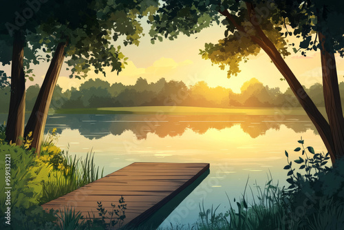 A tranquil cartoon lakeside landscape with tall, shady trees, a calm, reflective surface, and a small wooden pier extending into the water. The scene is peaceful and serene, with a soft sunset glow.
