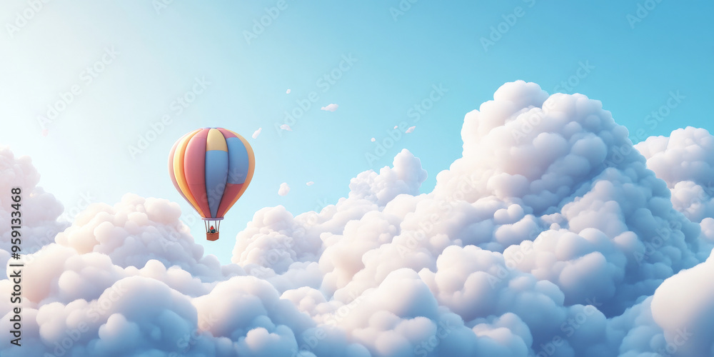 Fototapeta premium A 3D cartoon-style cloudscape with fluffy white clouds floating in a bright blue sky, and a small, colorful hot air balloon drifting lazily by. The scene is peaceful and serene, with soft, gentle