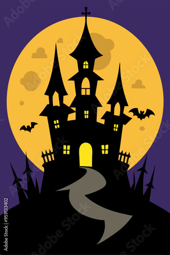  A spooky haunted castle silhouette with a full moon in the background. This graphic is perfect for Halloween-themed projects, spooky decorations, or anything that needs a touch of the macabre.