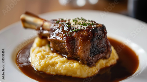 A close-up view of a braised lamb shank with the bone prominently displayed, served over creamy polenta and surrounded by a rich, glossy sauce, with a sprinkle of Parmesan on top ,