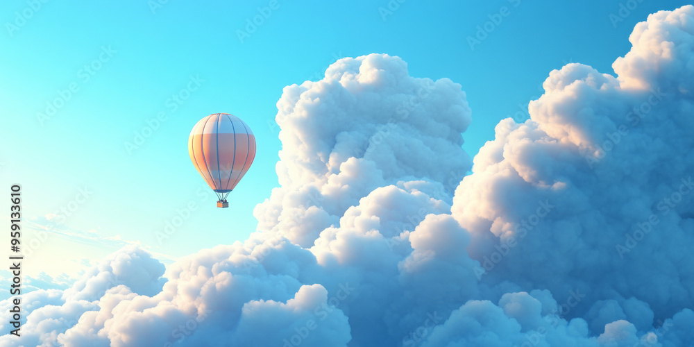 Fototapeta premium A 3D cartoon-style cloudscape with fluffy white clouds floating in a bright blue sky, and a small, colorful hot air balloon drifting lazily by. The scene is peaceful and serene, with soft, gentle