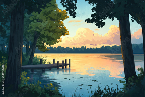 A tranquil cartoon lakeside landscape with tall, shady trees, a calm, reflective surface, and a small wooden pier extending into the water. The scene is peaceful and serene, with a soft sunset glow.