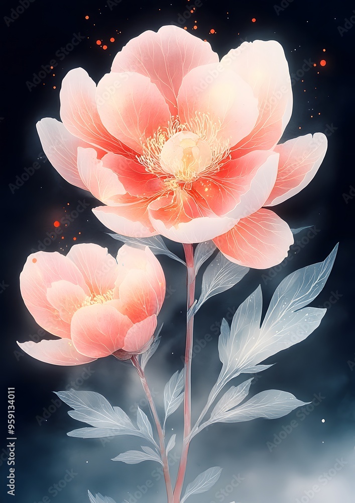 A close up of a pink flower with a white stem. The flower is surrounded by a blue background A close up of a pink flower with a white stem. The flower is surrounded by a blue background