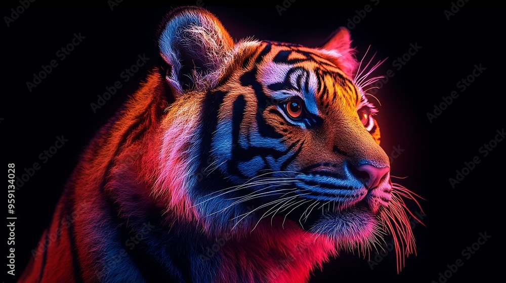 Close-up portrait of a tiger with vibrant neon colors against a black background. Close-up portrait of a tiger with vibrant neon colors against a black background.