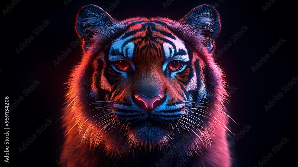 Close-up portrait of a tiger with red and blue neon lights, looking directly at the camera. Close-up portrait of a tiger with red and blue neon lights, looking directly at the camera.