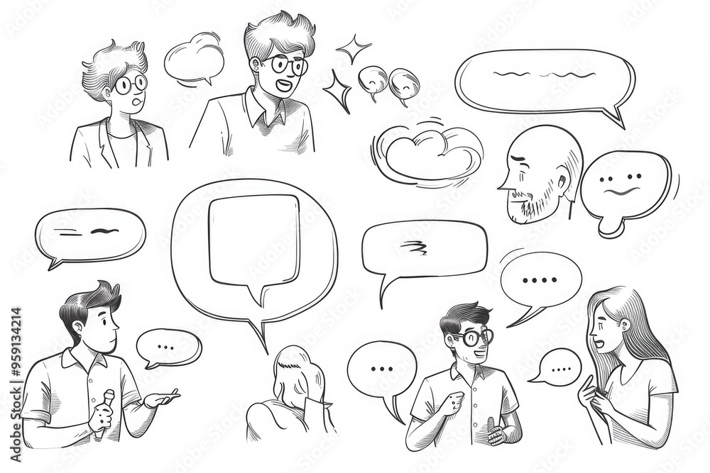 A diverse group of people engaged in conversation with thought bubbles A diverse group of people engaged in conversation with thought bubbles