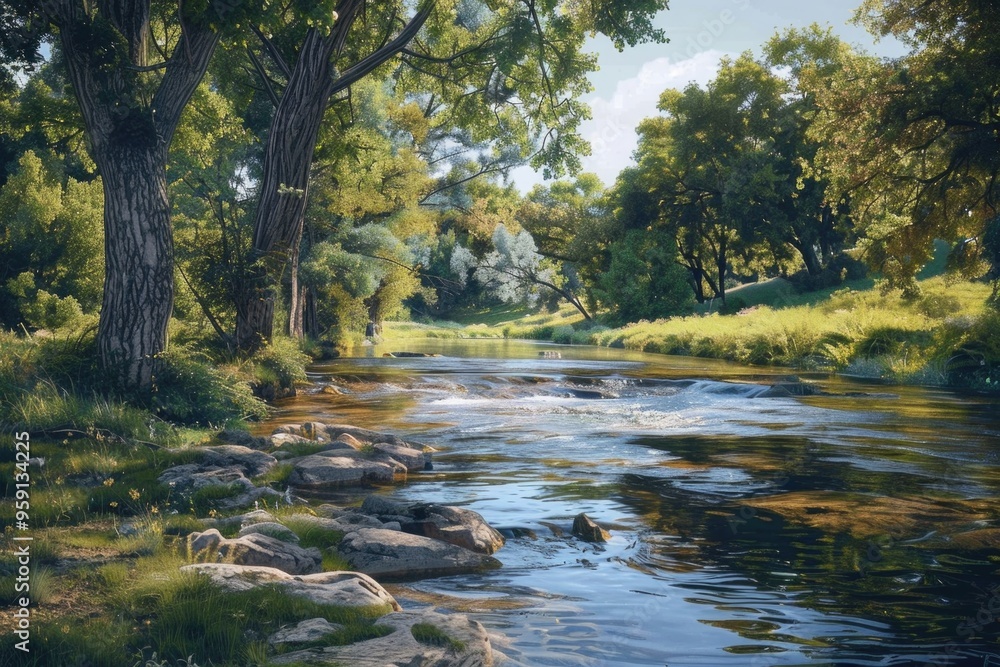 Obraz premium A serene scene with a river winding its way through the trees, ideal for use in environmental or nature-focused contexts