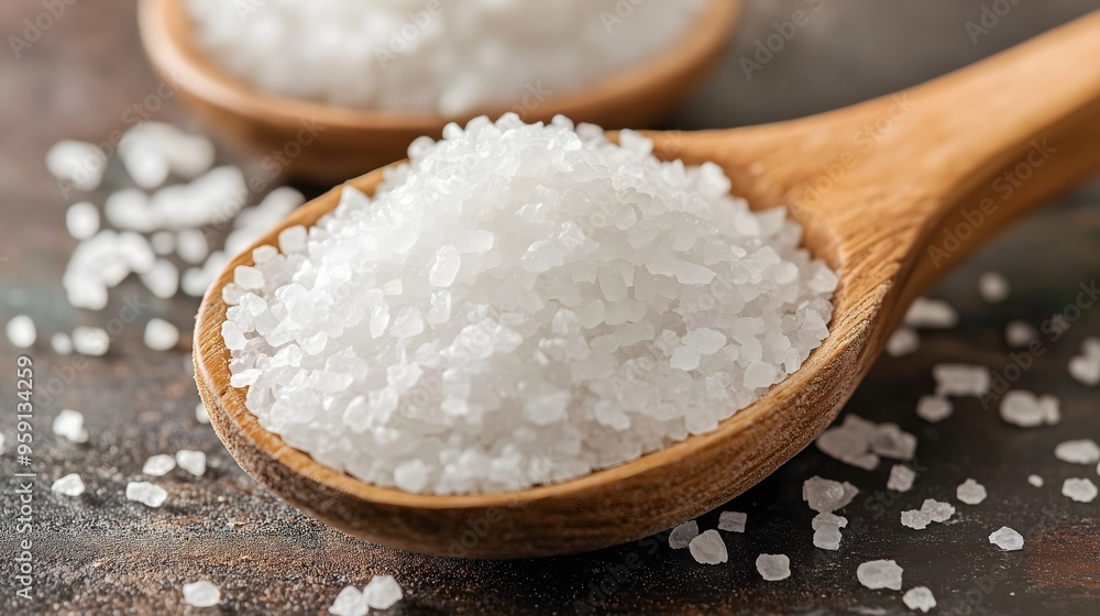 Macro food photography of wooden spoon filled with coarse sea salt crystals on rustic table, , copy space Macro food photography of wooden spoon filled with coarse sea salt crystals on rustic table, , copy space