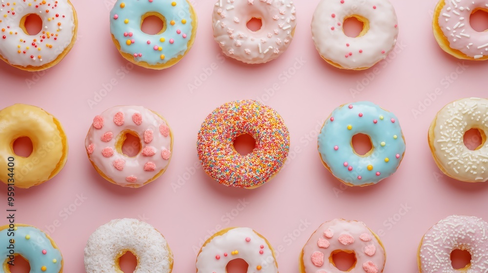 A beautiful display of pastelcolored donuts on a pink background, ideal for parties and special occasions. These delightful sweets are loved by all ages for their flavors and fun designs A beautiful display of pastelcolored donuts on a pink background, ideal for parties and special occasions. These delightful sweets are loved by all ages for their flavors and fun designs