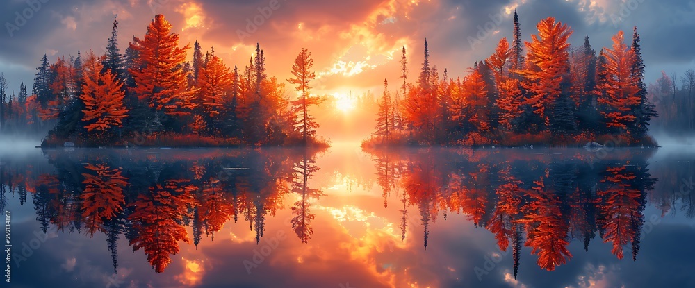 A scenic lake with red trees reflecting in the water during a vibrant sunrise with hazy clouds. A scenic lake with red trees reflecting in the water during a vibrant sunrise with hazy clouds.