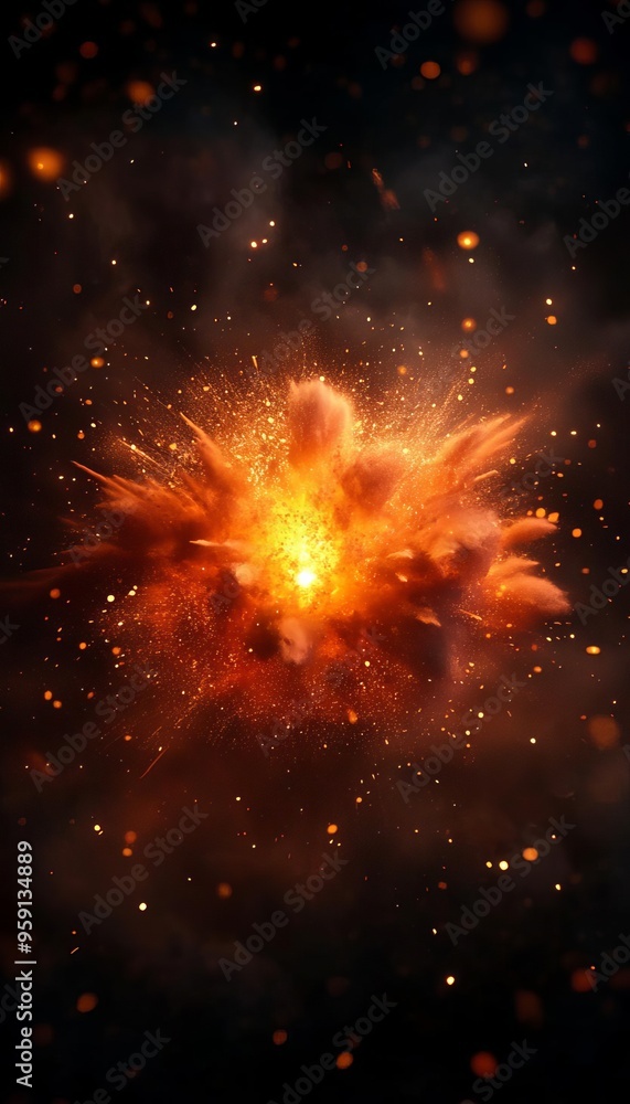 Fototapeta premium Vibrant explosion of orange and black hues, radiating energy and light in a cosmic setting. Perfect for dramatic concepts.