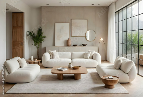Boucle sofa against concrerte wall. Minimalist, loft interior design of modern living room.
